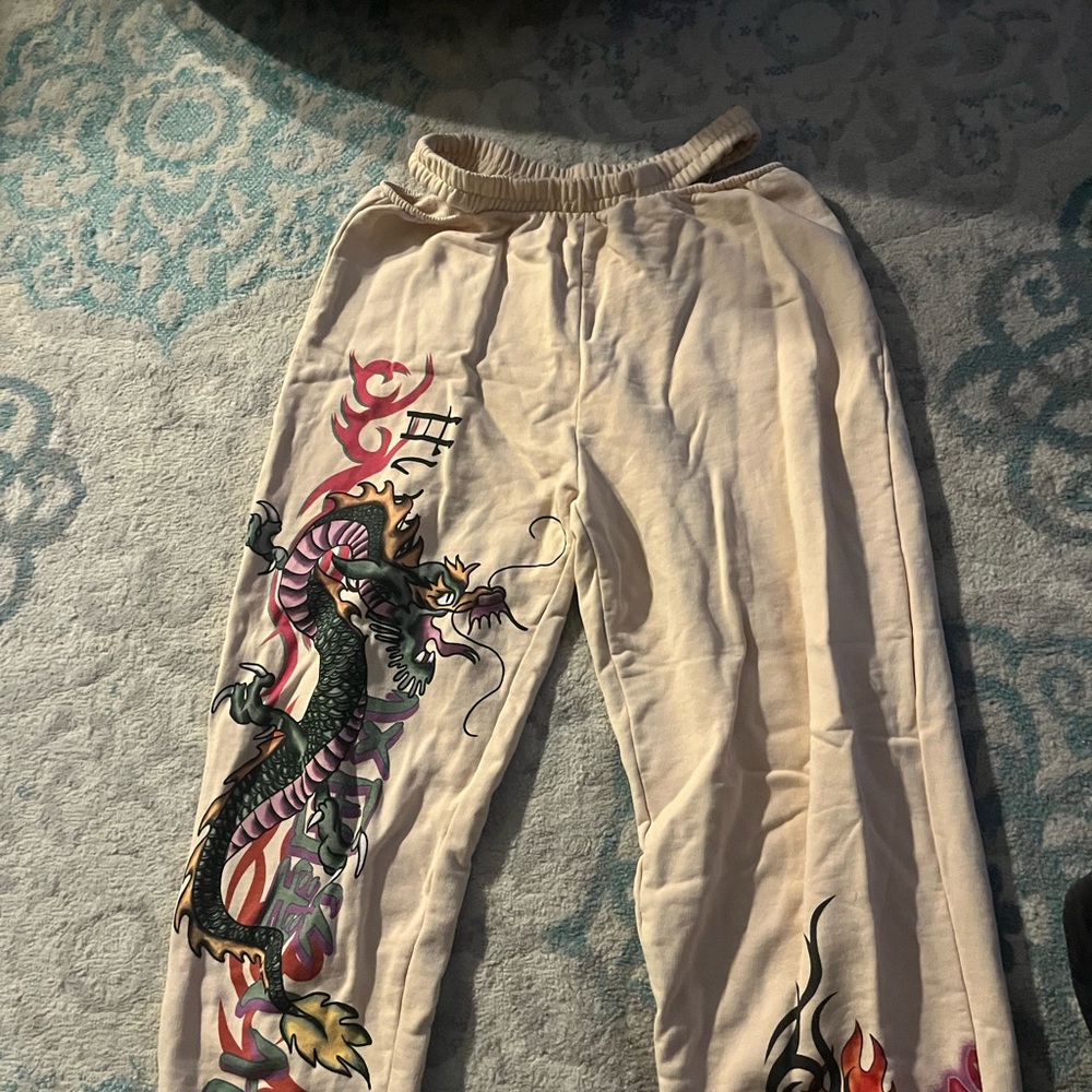 Bershka Cream and Green Track Pants with Dragon Print